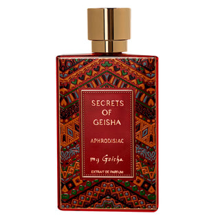 A bottle of 'Secrets of Geisha Aphrodisiac' perfume with a colorful, ornate design on the packaging and a gold cap.