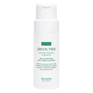 A white bottle with a green label displaying 'GREEN TREE ENZYME POWDER Cleanser' from Beaudiani.