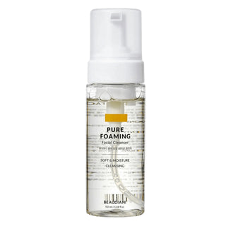 A pump bottle of Beaudiani Pure Foaming Facial Cleanser with a clear liquid visible inside.