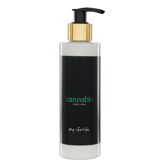 Black body lotion bottle with gold pump labeled 'cannabis' by 'my geisha' on a white background