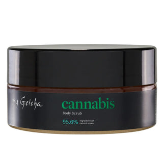 Black jar of 'my Geisha cannabis' body scrub on a white background