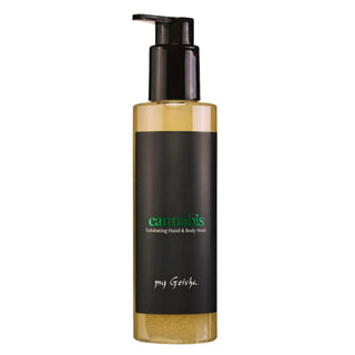 A bottle of my Getsha cannabis exfoliating hand & body wash, featuring a black pump dispenser, a black label with green and white text, and a golden-yellow liquid visible through the clear bottle, set against a plain white background.
