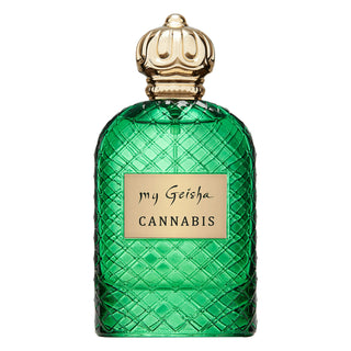 A green, quilted glass bottle of 'my Geisha Cannabis Extrait de Parfum' with a gold-colored cap.