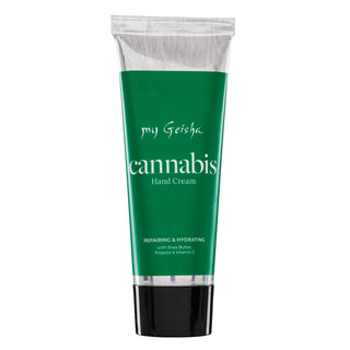 Green tube of 'my Geisha Cannabis Hand Cream' on a white background