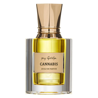 A bottle of 'my Geisha Cannabis' perfume with a clear liquid visible inside, a gold-colored cap, and labeled with the name of the fragrance and the type of product 'Huile de Parfum'.