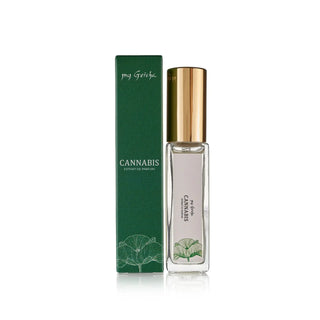 Bottle of my Geisha Cannabis 10 ml Extract De Parfum fragrance with green, woody, and incense notes, unisex oriental woody fresh scent for women and men