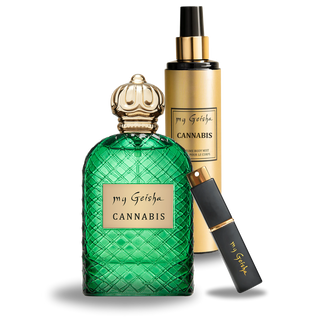 A set of three fragrance products from my Geisha, including a green bottle of Cannabis perfume extract, a gold spray bottle of Cannabis body mist, and a black rechargeable Cannabis Black Edition perfume.