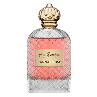 A perfume bottle with a clear, textured glass and a gold-colored cap. The label reads 'my Geisha CARNAL ROSE'.