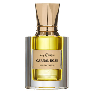 A bottle of 'Carnal Rose' perfume with a clear liquid visible inside, branded by my Geisha.