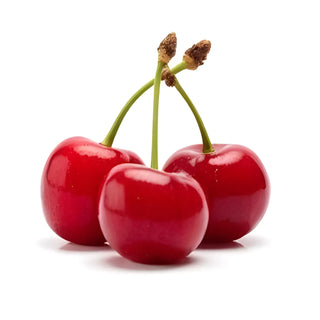 Three cherries with stems on a white background