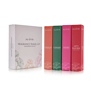 my Geisha UK travel fragrance kit featuring bestselling scents Foreplay, Cannabis, Sakura, and Let’s Play Red in 10ml bottles