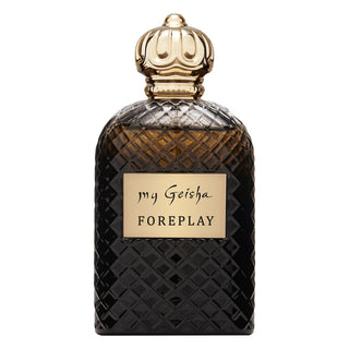 A dark, textured bottle of perfume with a gold-colored cap, labeled 'my Geisha FOREPLAY'.