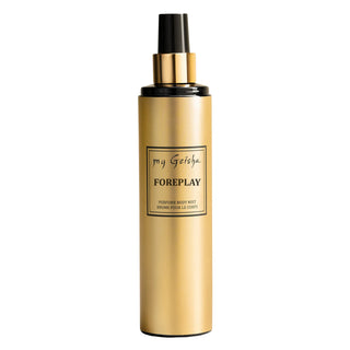 A gold spray bottle labeled 'my Geisha FOREPLAY' indicating a hair and body mist.