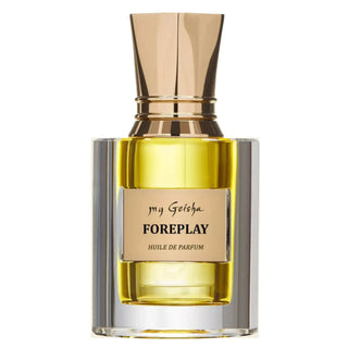 Perfume bottle labeled 'my Geisha Foreplay Huile de Parfum' on a white background