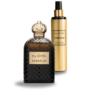 The image shows two products from the my Geisha brand, the Foreplay Passion Potion Set. On the left is a perfume bottle with a black, textured design and a gold cap.