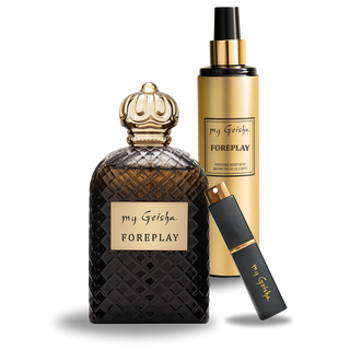 A set of three fragrance products from my Geisha's Foreplay Passion Provocateur Collection, including a perfume bottle, a body mist spray bottle, and a refillable atomiser.