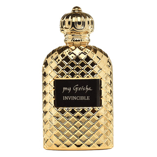 A gold-colored, ornate perfume bottle with a label reading 'my Geisha INVINCIBLE'.