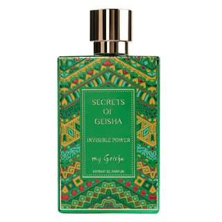 A bottle of 'Invisible Power' perfume with a green and ornate design, labeled 'Secrets of Geisha' and 'my Geisha'.