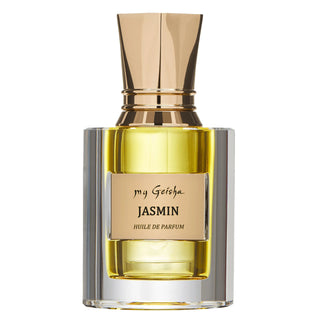 A bottle of 'my Geisha JASMIN' perfume with a clear liquid visible inside, a gold-colored cap, and a label with the brand and fragrance name.