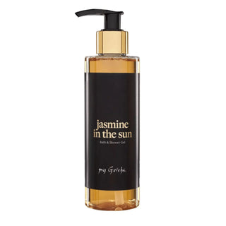 Bottle of 'Jasmine in the Sun' luxury bath & shower gel by my Geisha on a white background