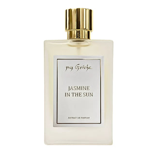 Luxury perfume bottle labeled 'Jasmine in the Sun' by my Geisha on a white background