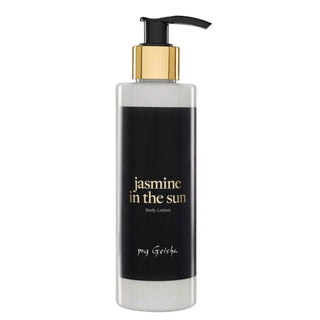 Body lotion bottle with black pump labeled 'jasmine in the sun' by 'my Geisha' on a white background