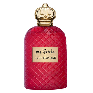 A red, textured bottle of perfume with a gold-colored cap, labeled 'my Geisha LET'S PLAY RED'.
