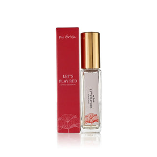 Close-up of my Geisha UK bestselling Let's Play Red 10ml extrait de parfum bottle from travel kit