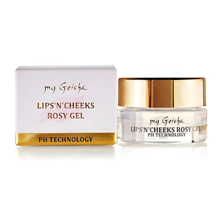 Styled flat lay of my Geisha Lips’n’Cheeks Rosy Gel with luxury packaging