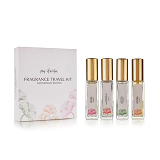 Open box of my Geisha UK bestselling travel fragrance kit with four 10ml perfume bottles