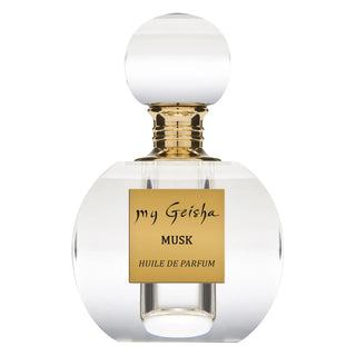 A white perfume bottle with a gold label, named 'my Geisha MUSK'.