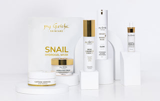Collection of my Geisha UK skincare products including Real Ceramide Serum, Snail Hydrogel Mask, Hydrating Cream, Caffeine Hydrogel Eye Patch, Oxygen Bubble Mask, and Vitamin C Serum 14%