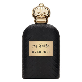 A black perfume bottle with a gold cap, labeled 'my Geisha OVERDOSE'.
