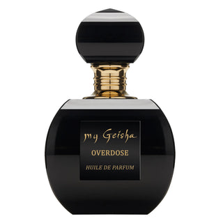 A black perfume bottle with a gold cap, labeled 'my Geisha OVERDOSE HUILE DE PARFUM'.