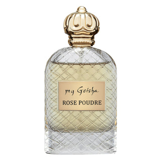 A perfume bottle with a clear, textured glass and a gold-colored cap, labeled 'my Geisha ROSE Poudre'.