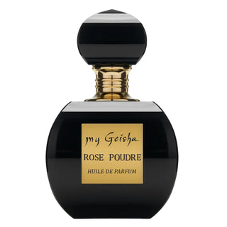 A black perfume bottle with a gold label, featuring a stopper and a gold cap, labeled 'my Geisha ROSE Poudre HUile de Parfum'.