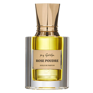 A bottle of 'my Geisha Rose Poudre' perfume oil with a clear liquid visible inside, set against a plain background.