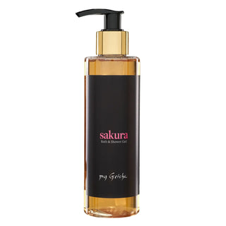 Bottle of Sakura bath and shower gel from the brand "my Geisha" with a black pump on a white background