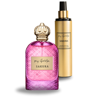 A product image featuring two bottles, one with a pink liquid, likely the Sakura Perfume Extract, and the other with a gold-colored liquid, possibly the body mist. Both have elegant packaging with 'My Geisha' and 'Sakura' branding.