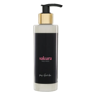 my Geisha Sakura body lotion bottle with black pump on a white background
