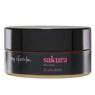 Black jar of 'my Geisha Sakura Body Scrub' on a white background