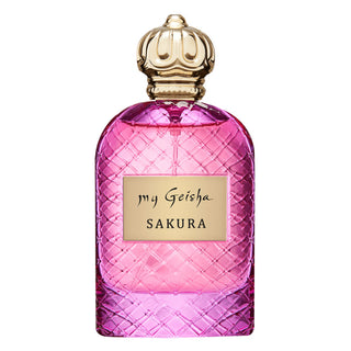 A pink, quilted perfume bottle with a gold cap, labeled 'my Geisha SAKURA'.