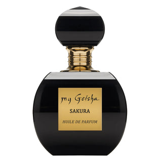 A black perfume bottle with a gold label, named 'Sakura', from the brand 'my Geisha'.