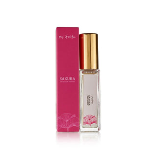 Close-up of my Geisha UK bestselling Sakura 10ml extrait de parfum bottle from travel kit