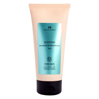 A tube of Scottish Shampoo & Shower Gel by Stara Mydlarnia, with a label indicating it's suitable for men.
