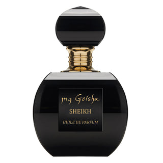 A black perfume bottle with gold details, labeled 'my Geisha SHEIKH Huile de Parfum'.