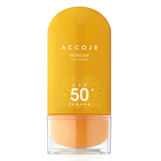 A bottle of Accoje SPF 50 PA++++ Protective Sun Cream with a yellow label.