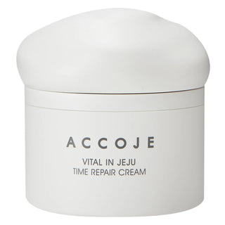 A white jar of ACCOJE Vital in Jeju Time Repair Cream with a minimalistic design.